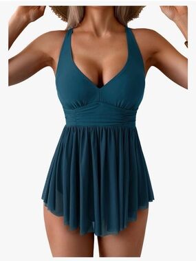 NWT Aidonger One Piece Swim Dress Swimsuit Tummy Control Mesh Tie Back, Sz 2XL